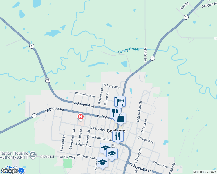 map of restaurants, bars, coffee shops, grocery stores, and more near 317 North Byrd Street in Coalgate