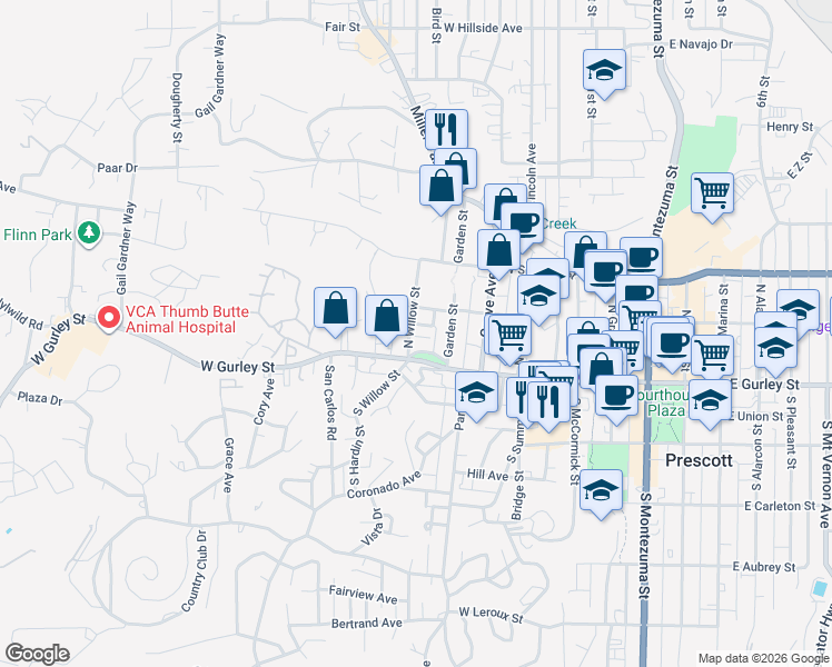 map of restaurants, bars, coffee shops, grocery stores, and more near 121 North Willow Street in Prescott