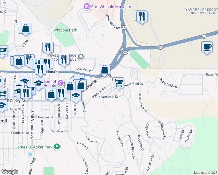 map of restaurants, bars, coffee shops, grocery stores, and more near 1233 Stetson Road in Prescott