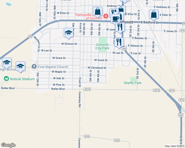 map of restaurants, bars, coffee shops, grocery stores, and more near 711 Southwest 5th Street in Dimmitt