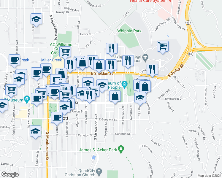 map of restaurants, bars, coffee shops, grocery stores, and more near 615 East Willis Street in Prescott
