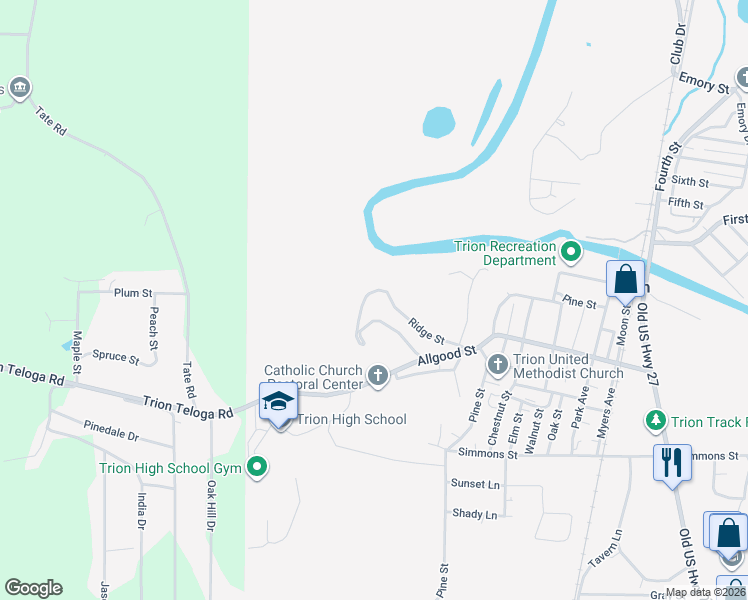 map of restaurants, bars, coffee shops, grocery stores, and more near 315 Ridge Street in Trion