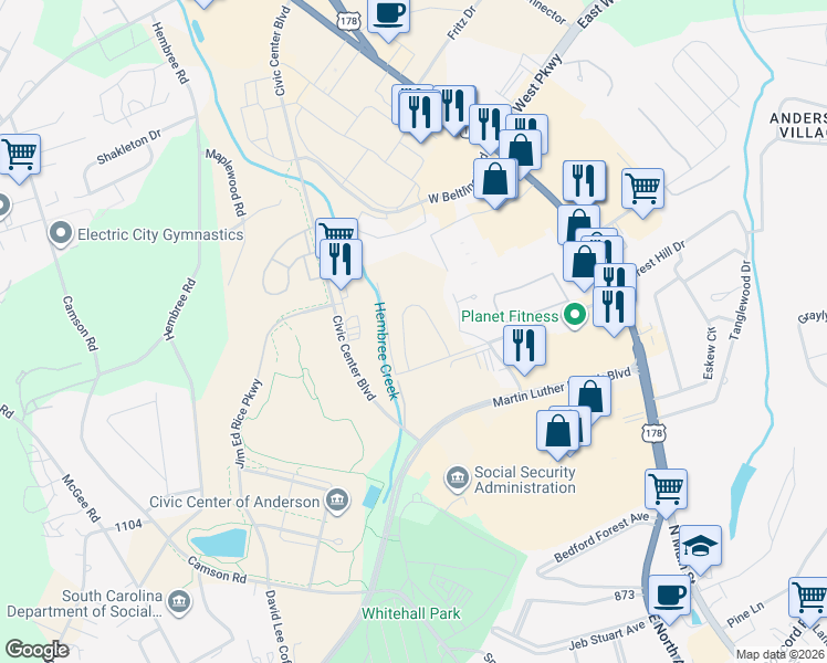 map of restaurants, bars, coffee shops, grocery stores, and more near 401 North Pointe Creek in Anderson