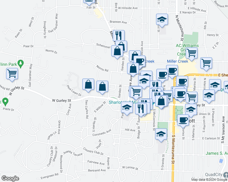 map of restaurants, bars, coffee shops, grocery stores, and more near 121 North Willow Street in Prescott