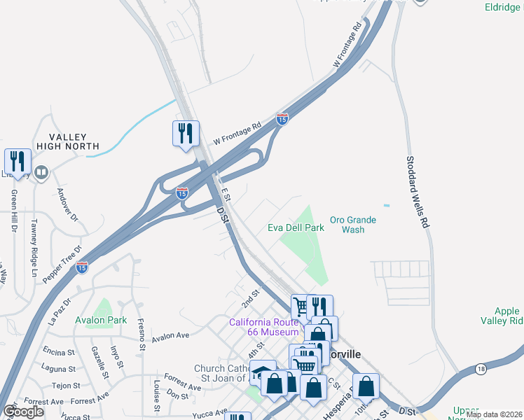 map of restaurants, bars, coffee shops, grocery stores, and more near 15755 Cottonwood Street in Victorville