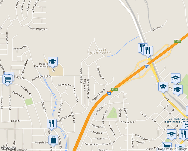 map of restaurants, bars, coffee shops, grocery stores, and more near 16214 Puesta Del Sol Drive in Victorville