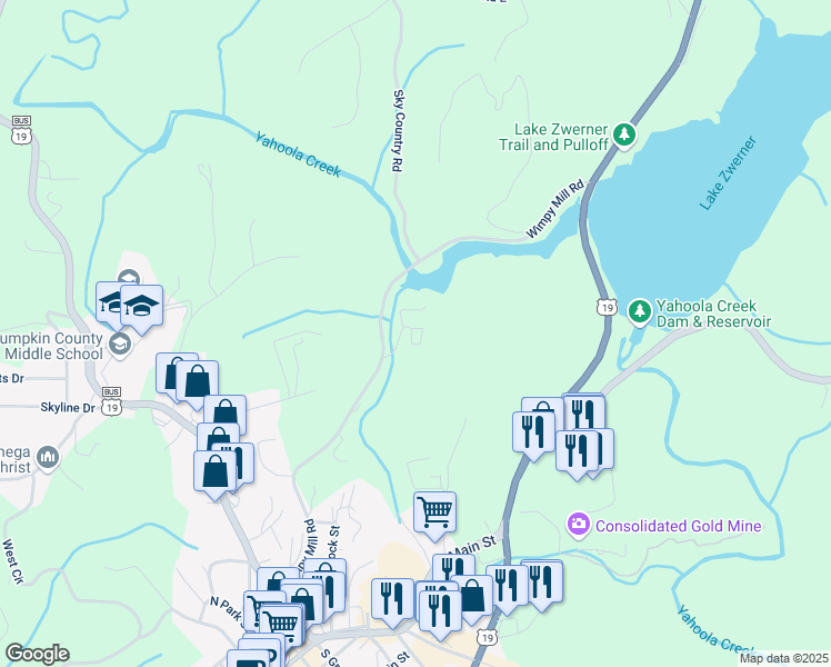 map of restaurants, bars, coffee shops, grocery stores, and more near 1 Silver Ridge Drive in Dahlonega