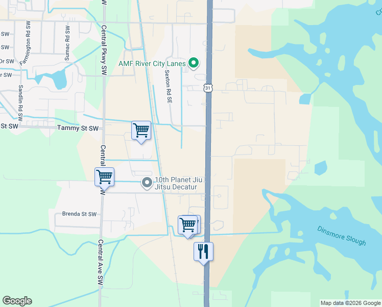 map of restaurants, bars, coffee shops, grocery stores, and more near 3417 U.S. 31 in Decatur