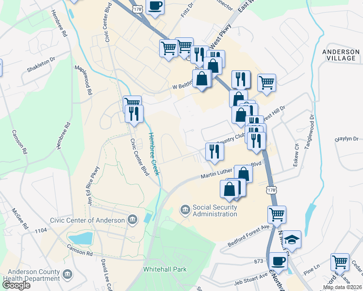 map of restaurants, bars, coffee shops, grocery stores, and more near 309 North Pointe Creek in Anderson