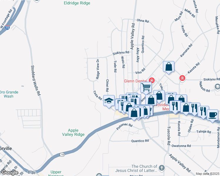 map of restaurants, bars, coffee shops, grocery stores, and more near 16091 Chiwi Road in Apple Valley