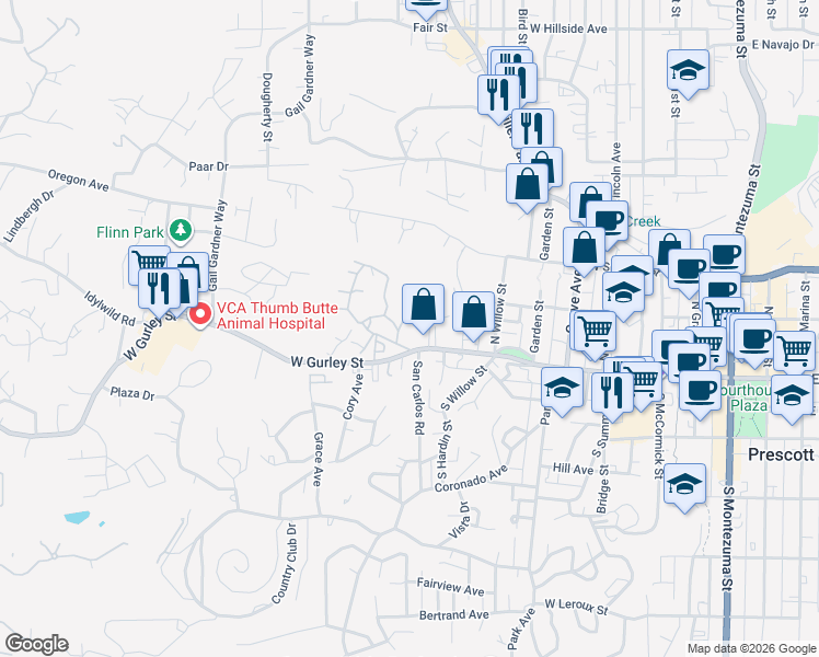 map of restaurants, bars, coffee shops, grocery stores, and more near Rockview Rd in Prescott
