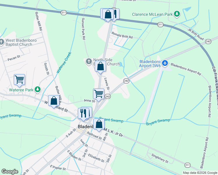 map of restaurants, bars, coffee shops, grocery stores, and more near 202 Lewis Street in Bladenboro