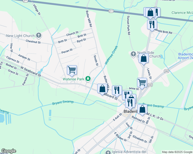 map of restaurants, bars, coffee shops, grocery stores, and more near 398 Suggs Street in Bladenboro