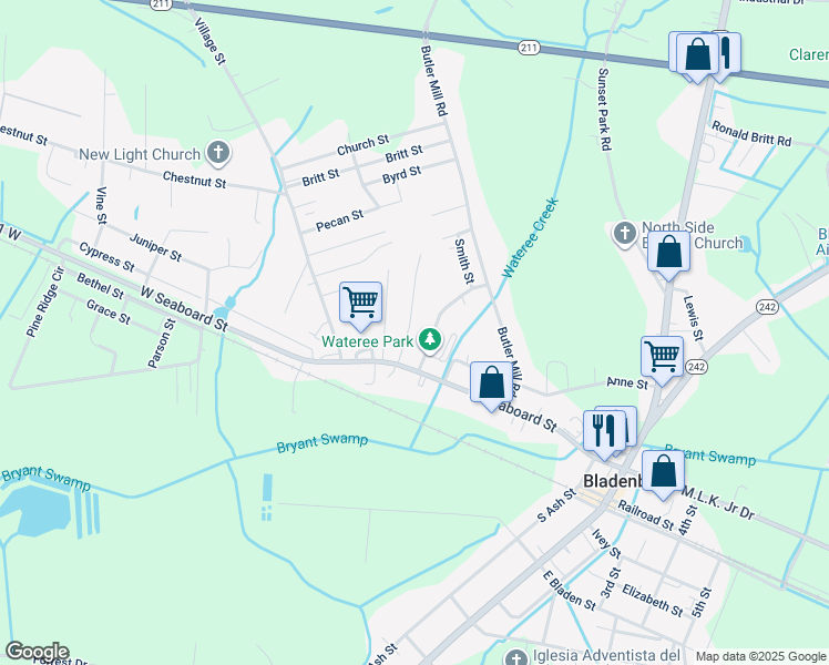 map of restaurants, bars, coffee shops, grocery stores, and more near 113 Lennon Drive in Bladenboro