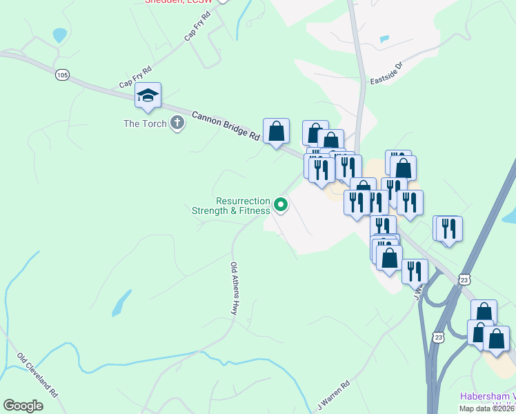 map of restaurants, bars, coffee shops, grocery stores, and more near 114 Spring Branch Road in Demorest