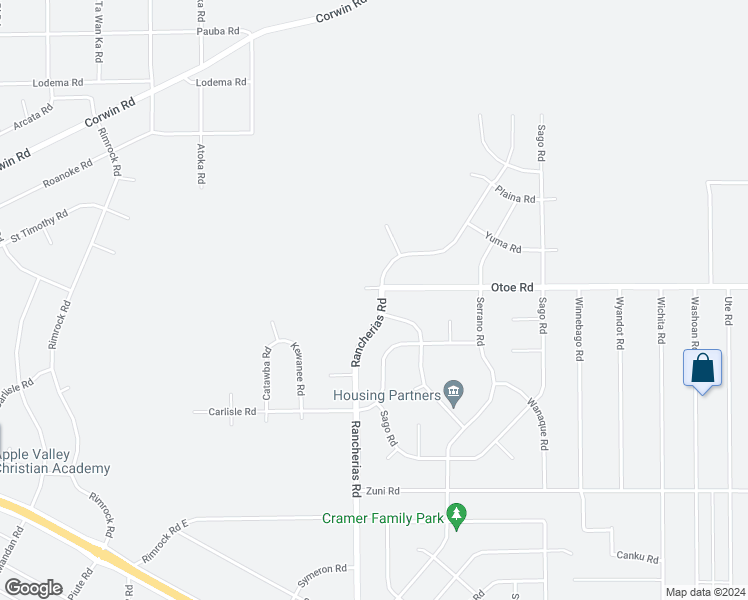 map of restaurants, bars, coffee shops, grocery stores, and more near 16078 Rancherias Road in Apple Valley