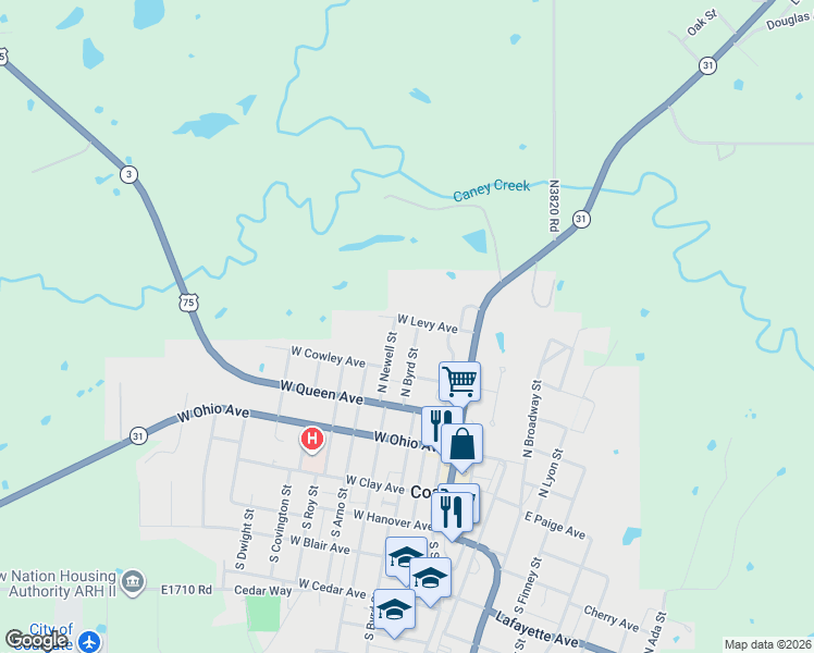 map of restaurants, bars, coffee shops, grocery stores, and more near 317 North Byrd Street in Coalgate