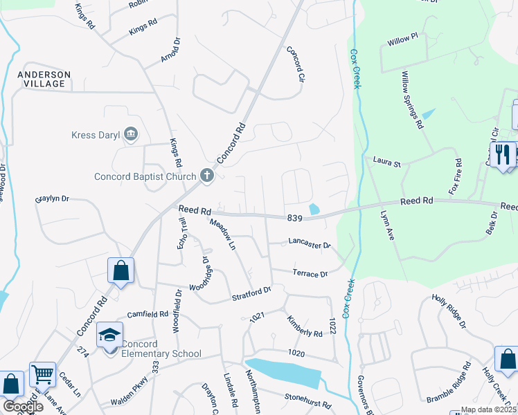 map of restaurants, bars, coffee shops, grocery stores, and more near 1202 Reed Road in Anderson