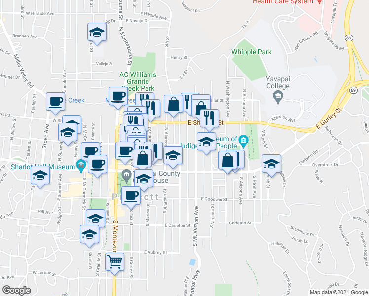 map of restaurants, bars, coffee shops, grocery stores, and more near 411 East Willis Street in Prescott