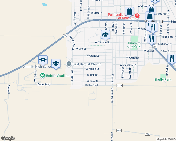 map of restaurants, bars, coffee shops, grocery stores, and more near 1001 West Maple Street in Dimmitt
