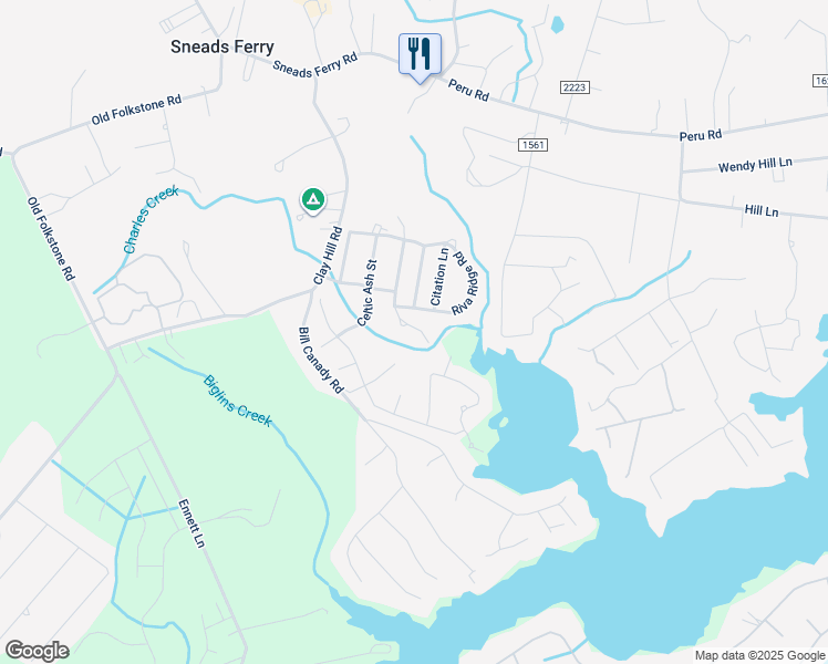 map of restaurants, bars, coffee shops, grocery stores, and more near 414 Whirlaway Boulevard in Sneads Ferry