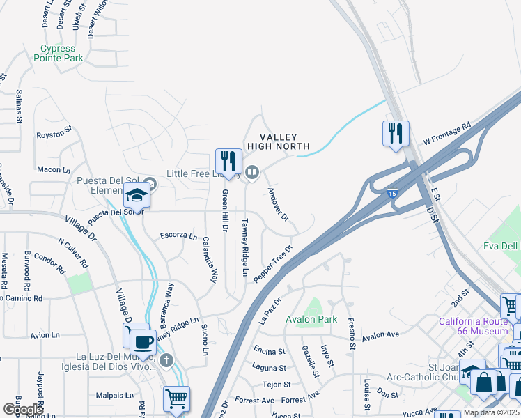 map of restaurants, bars, coffee shops, grocery stores, and more near 16214 Puesta Del Sol Drive in Victorville