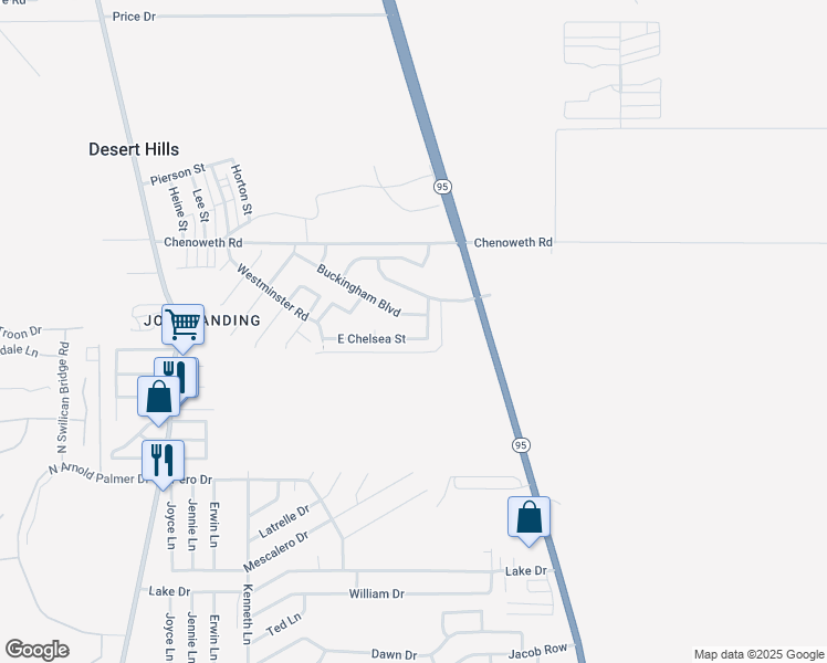 map of restaurants, bars, coffee shops, grocery stores, and more near 2341 East Chelsea Street in Lake Havasu City