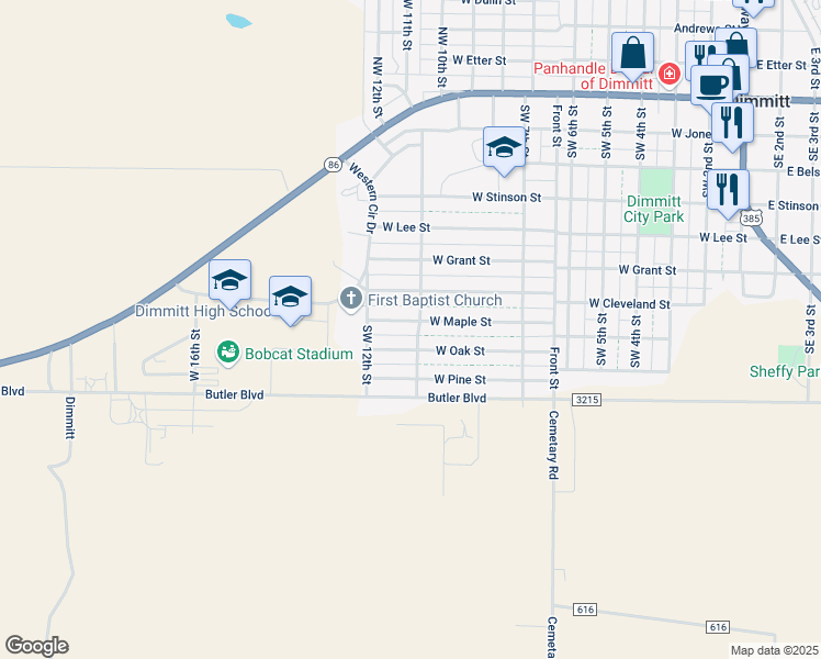 map of restaurants, bars, coffee shops, grocery stores, and more near 1001 West Maple Street in Dimmitt