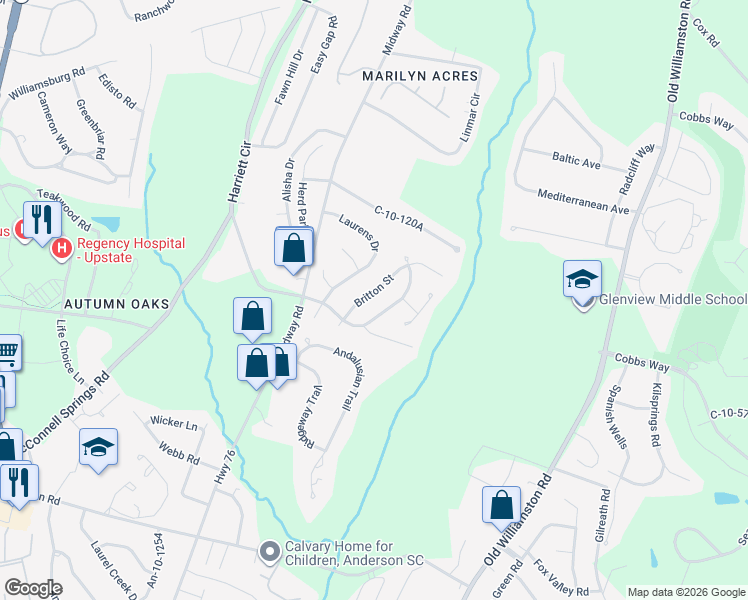map of restaurants, bars, coffee shops, grocery stores, and more near 708 Britton St in Anderson
