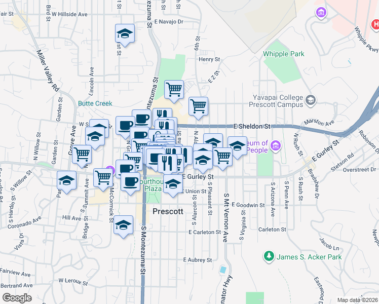 map of restaurants, bars, coffee shops, grocery stores, and more near 147 North Marina Street in Prescott