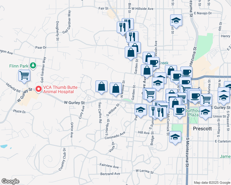 map of restaurants, bars, coffee shops, grocery stores, and more near 127 Brush Street in Prescott