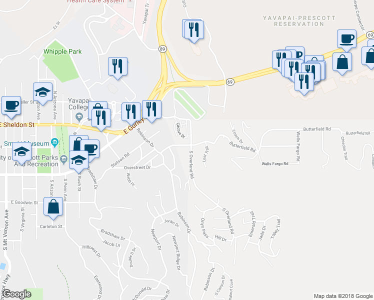 map of restaurants, bars, coffee shops, grocery stores, and more near 300 Overland Road in Prescott
