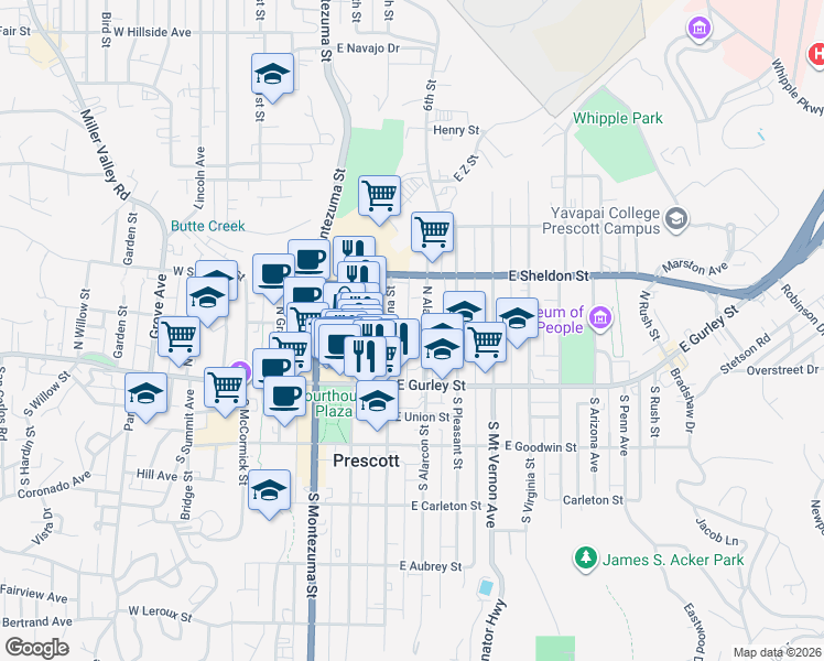 map of restaurants, bars, coffee shops, grocery stores, and more near 147 North Marina Street in Prescott