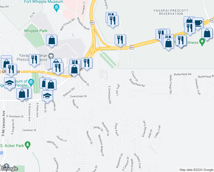 map of restaurants, bars, coffee shops, grocery stores, and more near 300 Overland Road in Prescott
