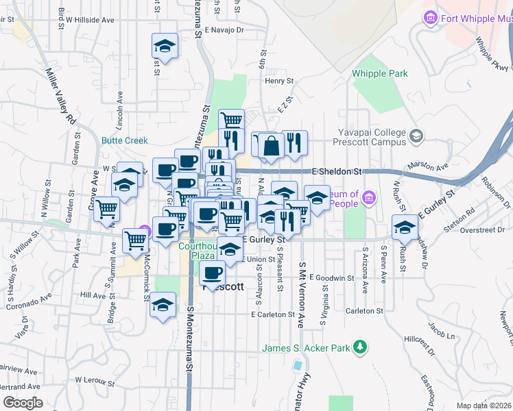 map of restaurants, bars, coffee shops, grocery stores, and more near 145 North Alarcon Street in Prescott