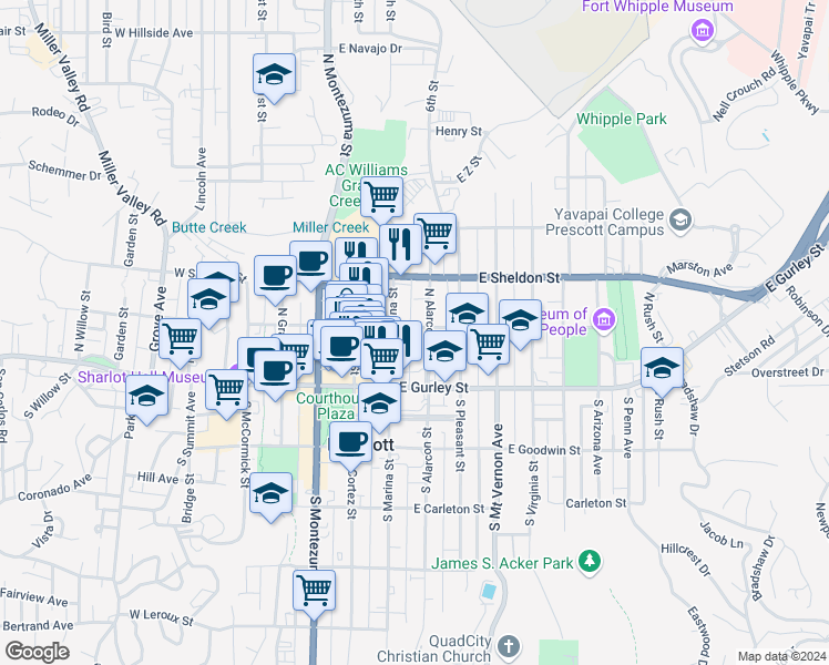 map of restaurants, bars, coffee shops, grocery stores, and more near 147 North Marina Street in Prescott