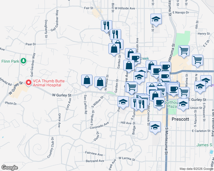 map of restaurants, bars, coffee shops, grocery stores, and more near 121 North Willow Street in Prescott