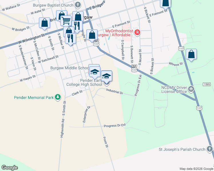 map of restaurants, bars, coffee shops, grocery stores, and more near 100 Industrial Drive in Burgaw