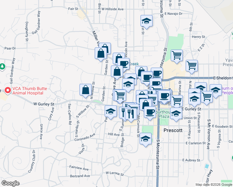 map of restaurants, bars, coffee shops, grocery stores, and more near 137 Grove Avenue in Prescott