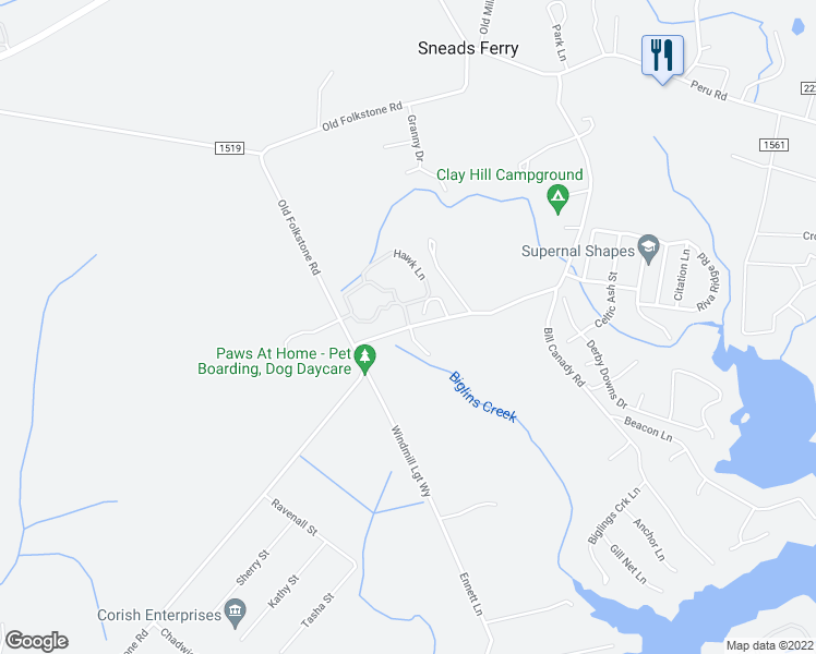 map of restaurants, bars, coffee shops, grocery stores, and more near 1 Eagles Nest Drive in Sneads Ferry