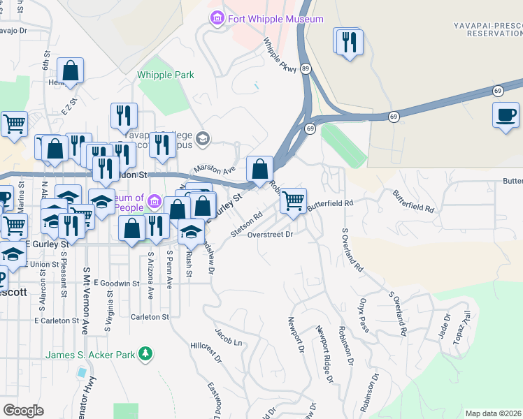 map of restaurants, bars, coffee shops, grocery stores, and more near 1233 Stetson Road in Prescott