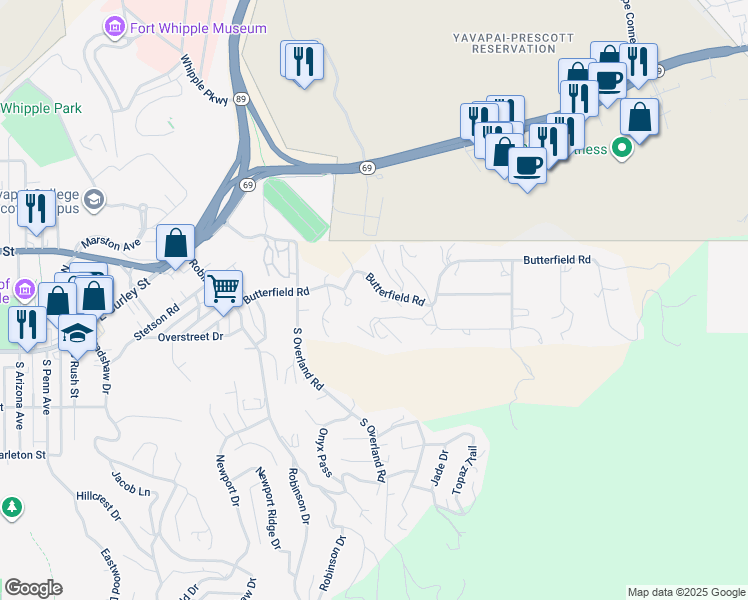 map of restaurants, bars, coffee shops, grocery stores, and more near 1415 Butterfield Road in Prescott