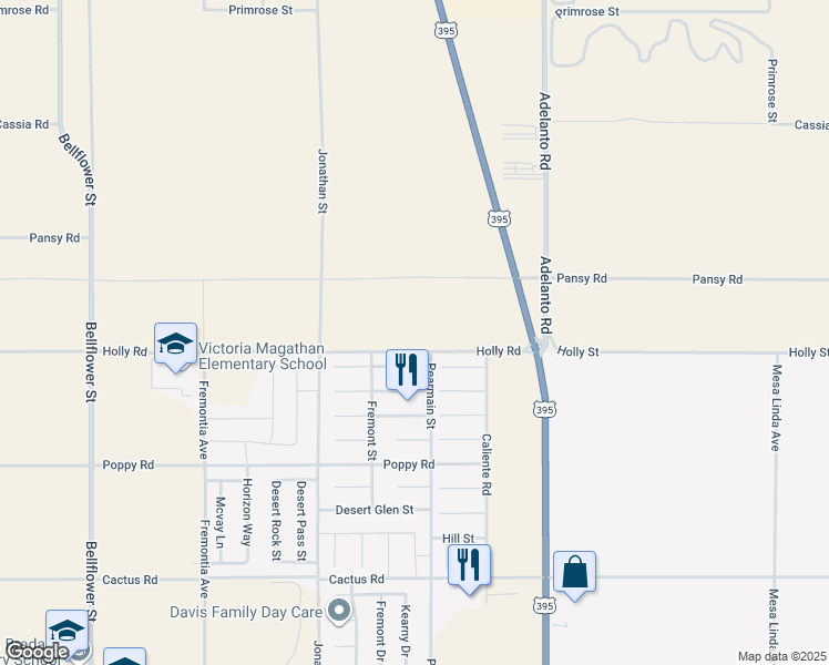 map of restaurants, bars, coffee shops, grocery stores, and more near Holly Road in Adelanto