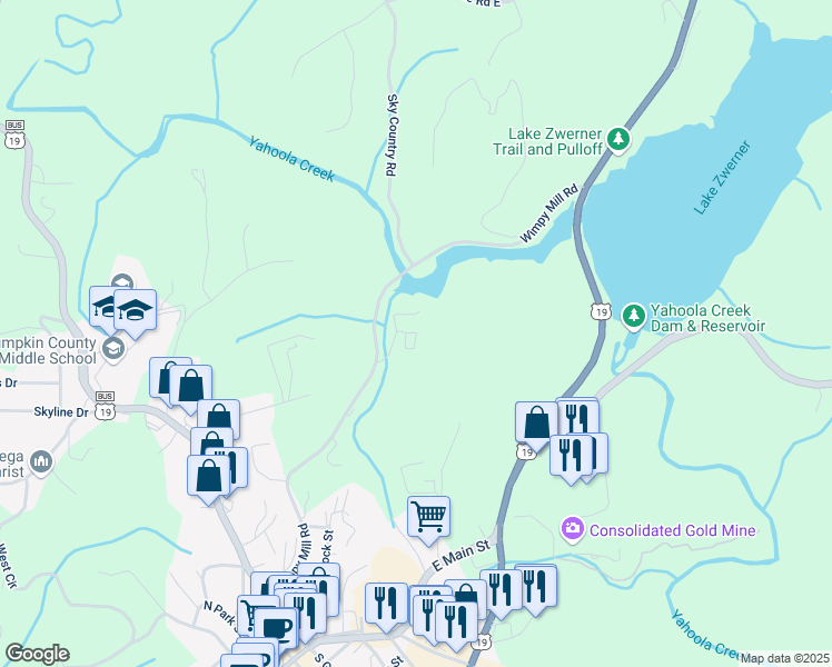 map of restaurants, bars, coffee shops, grocery stores, and more near 1 Silver Ridge Drive in Dahlonega