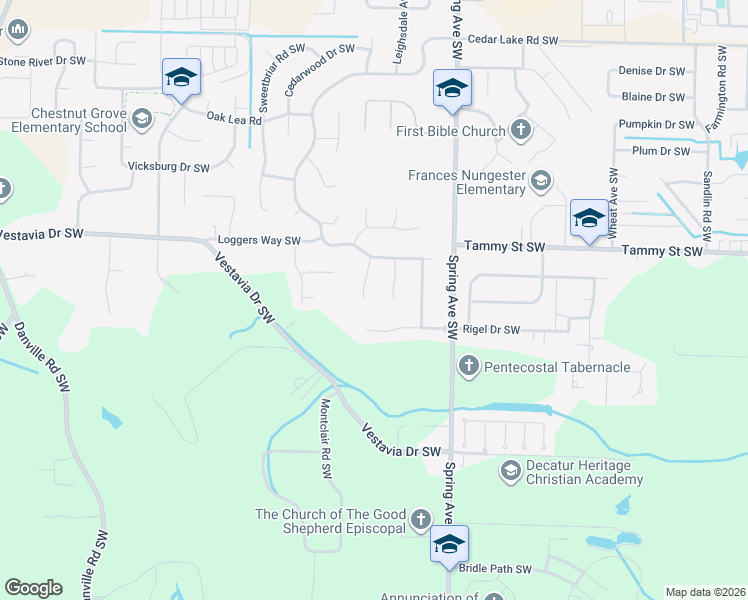 map of restaurants, bars, coffee shops, grocery stores, and more near 3413 Oakridge Drive Southwest in Decatur