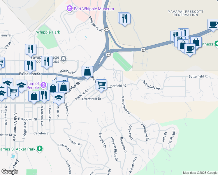 map of restaurants, bars, coffee shops, grocery stores, and more near 308 Canyon View Street in Prescott