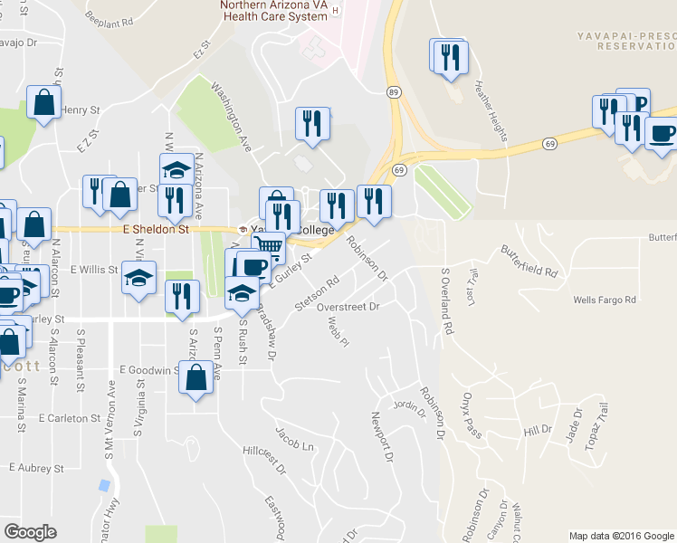 map of restaurants, bars, coffee shops, grocery stores, and more near 1233 Stetson Road in Prescott