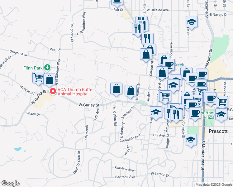 map of restaurants, bars, coffee shops, grocery stores, and more near 824 West Gurley Street in Prescott