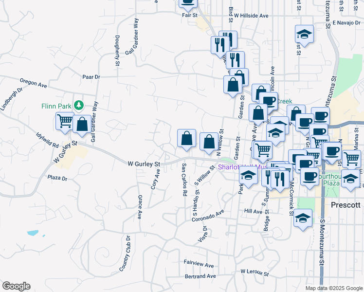map of restaurants, bars, coffee shops, grocery stores, and more near 824 West Gurley Street in Prescott