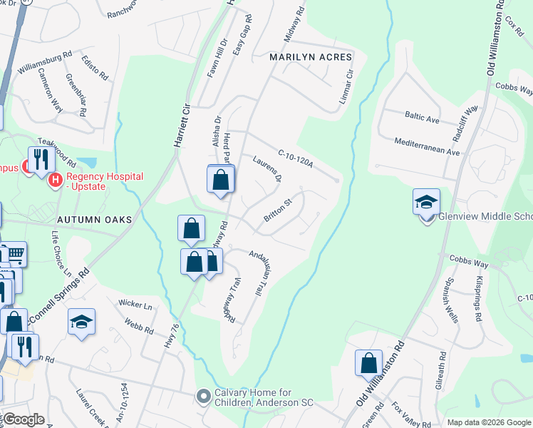 map of restaurants, bars, coffee shops, grocery stores, and more near 708 Britton Street in Anderson
